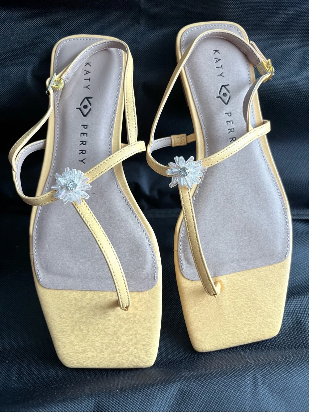 Katy Perry Collections Pale Yellow T-Strap Sandals with Crystal Flower